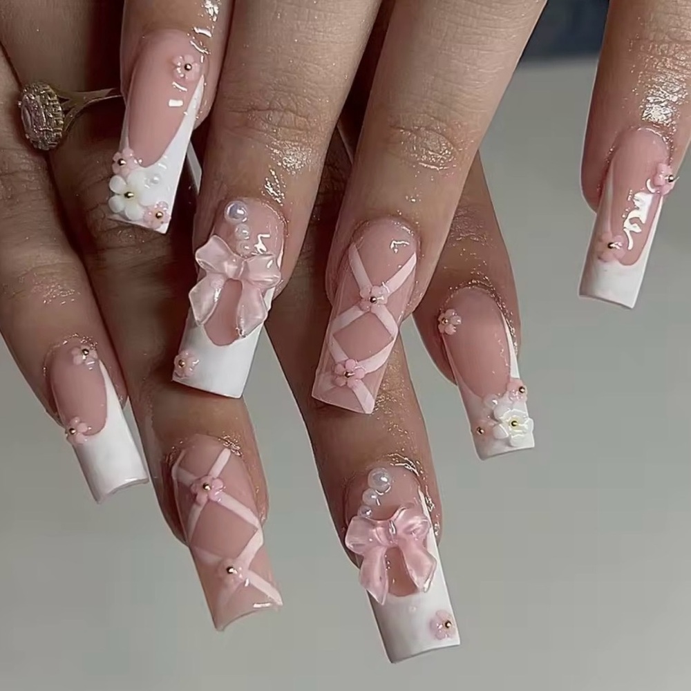 Elegant Pink and White Press on Nails Art